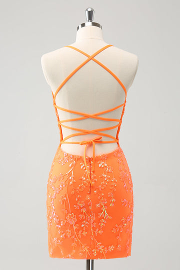 Vestido de fiesta corto con cordones y lentejuelas de color naranja brillante